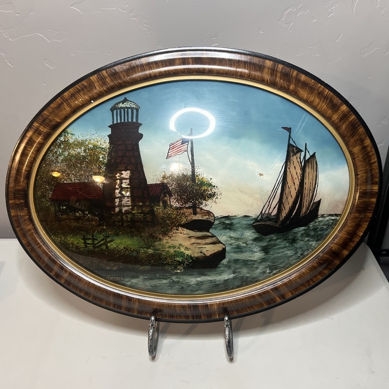 Antique Oval Reverse Painting Bubble Glass Tiger Wood Frame Victorian Era