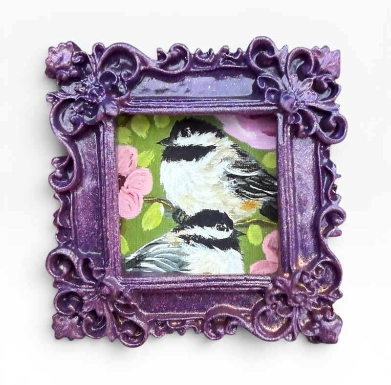 TEENY MINI • Floral Chickadee watercolor bird print in TINY ornate frame
