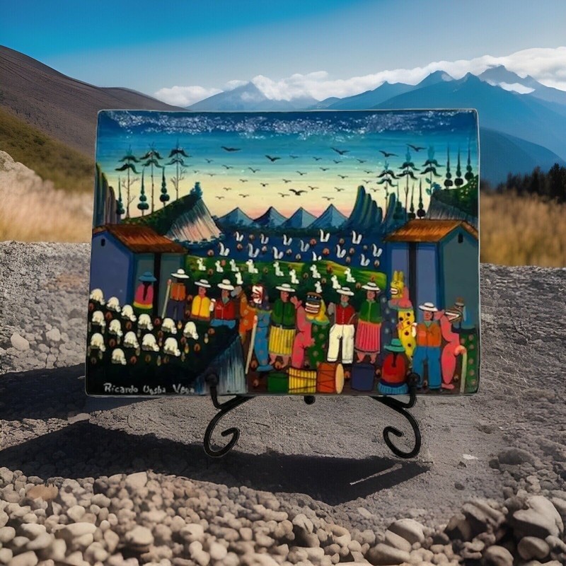 Hand Painted Peruvian Folk Art of Mountains,Swans,Lamas Signed Bright Colors