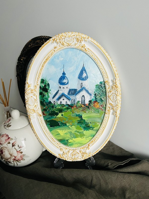 Church Painting Religion Art Old White Church Small Oil Painting Framed Rustic