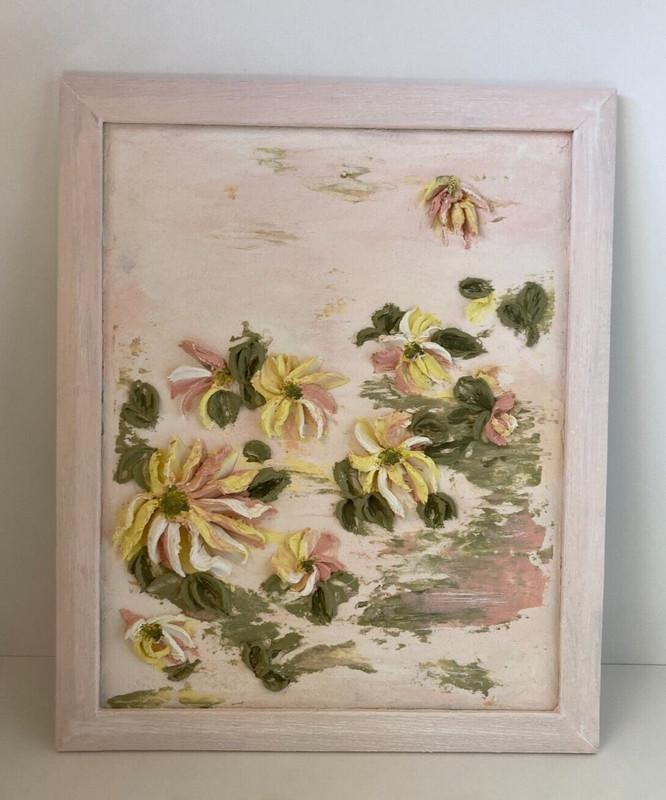Framed gypsum plaster Sculptural painting Floral still life 10,8×13,2 Inches
