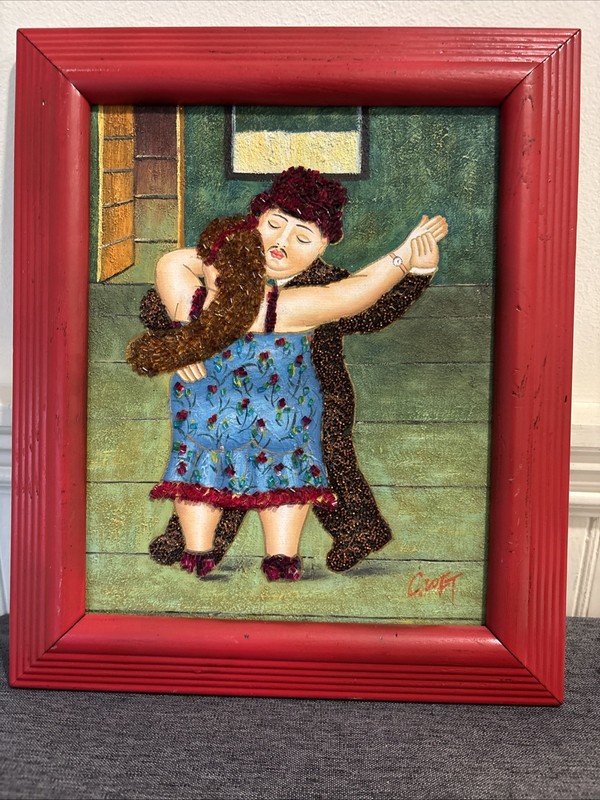 Repro Botero Oil Painting Dancers By C. Loft Beaded Framed 12.5” X 10.5”