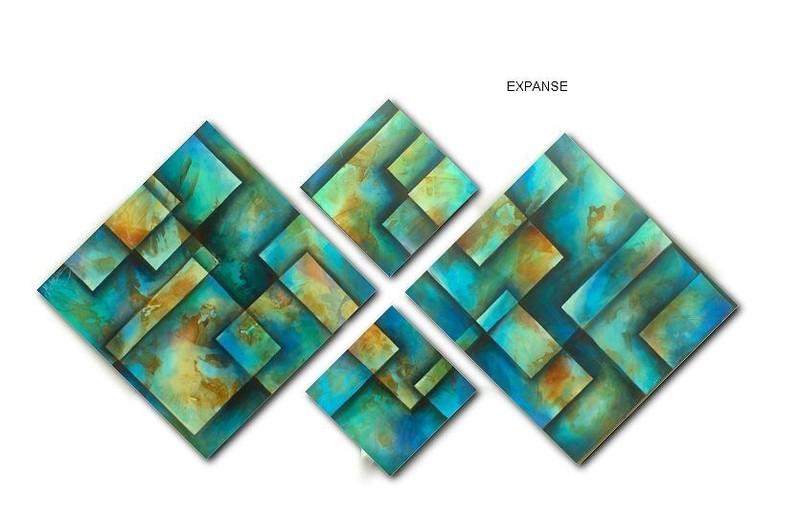 four-piece diamond shape green teal blue large earth color original art painting