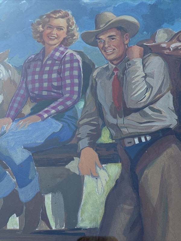 WESTERN COWBOY PAINTING ILLUSTRATION PORTRAIT PRETTY WOMAN LANDSCAPE 1950'S gallery