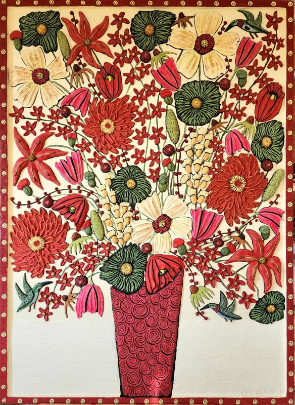 Danette Sperry Southern Primitive Folk Art Flowers Painting «Hummingbird Bouquet