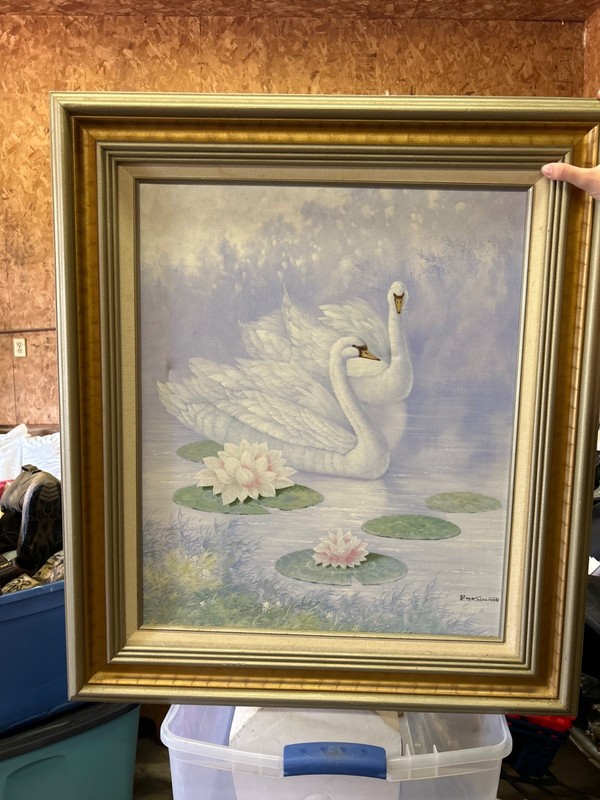 Pair Of Swans Swing In Lotus Lilies Framed Oil Painting Signed Peter Sullivan
