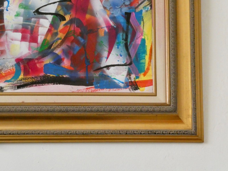 Modern art abstract acrylic painted gallery finish with frame gold ready to hang gallery