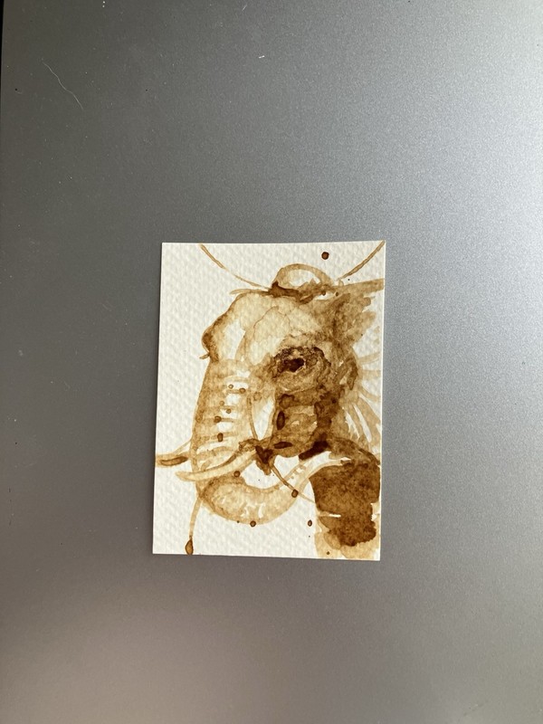 ORIGINAL Coffee Elephant Painting Animal Lover Art Aceo Gift ATC Java Artwork US