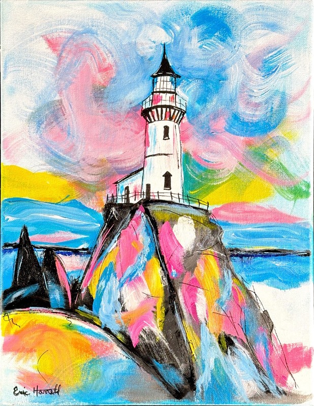 Original Lighthouse Landscape 14x11 Canvas Abstract Expressionist Painting Art gallery