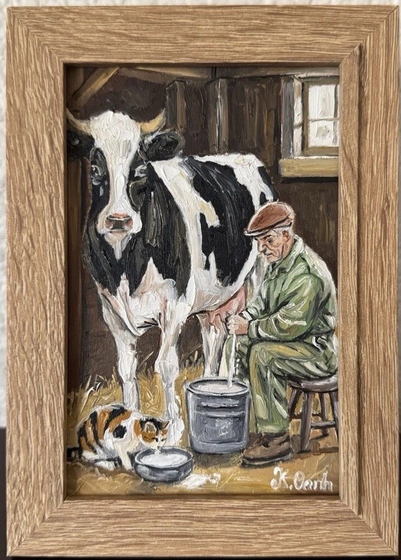 ORIGINAL OIL PAINTING RANCHER MILKING DAIRY COW, CALICO CAT SIGNED FRAMED 4×6