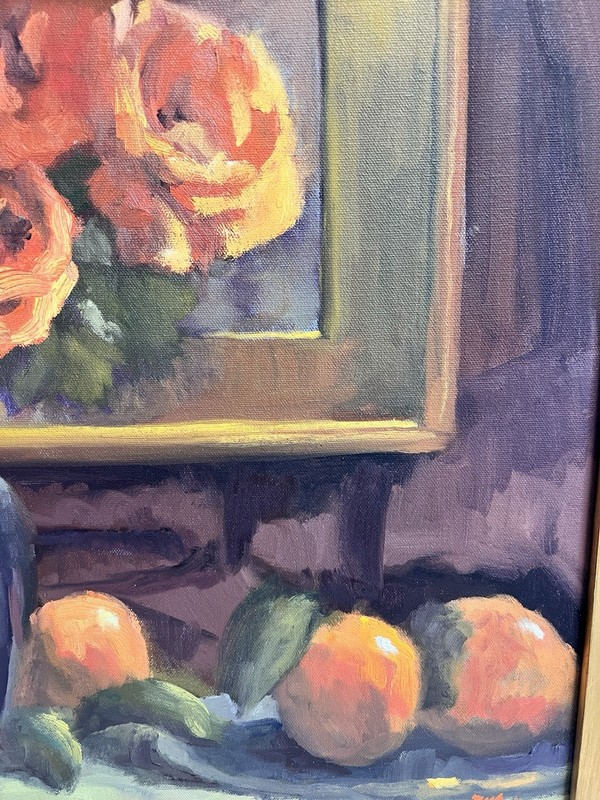 Original Oil Painting Floral Still Life w/Silver Pitcher - Mark Monssart 16x20 gallery