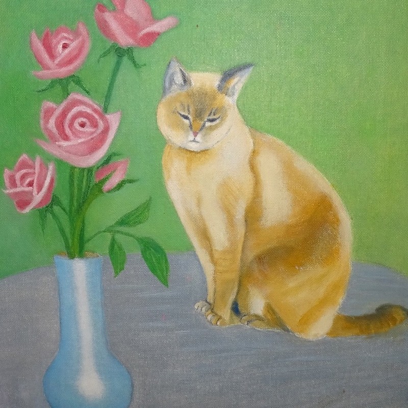 Original Oil Painting Naive Style Siamese Cat with Roses Framed Signed 18.5×14.5