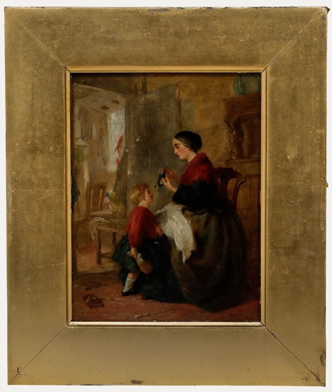 Edwin Hughes (1842-1922) – 1863 Oil, A Stitch in Time