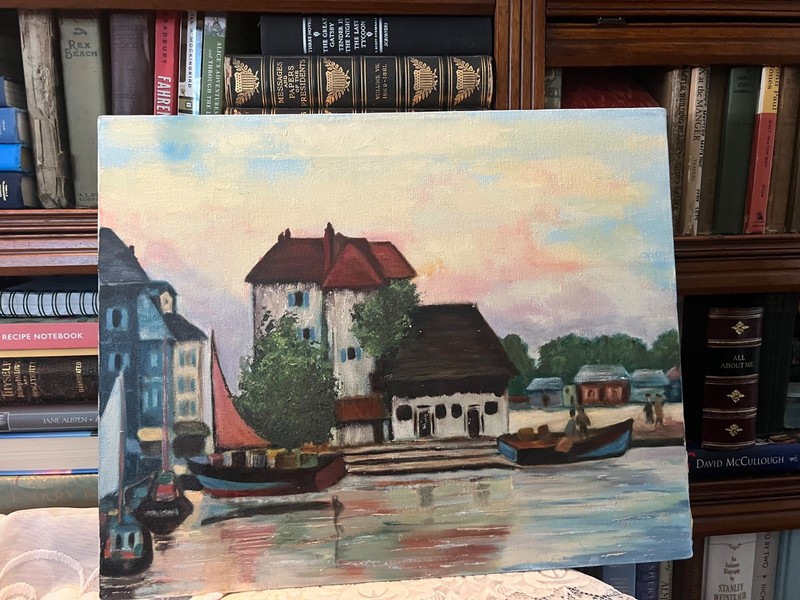 Vintage Nautical Oil Painting Canvas 16×20 Harbor Fishing Boat