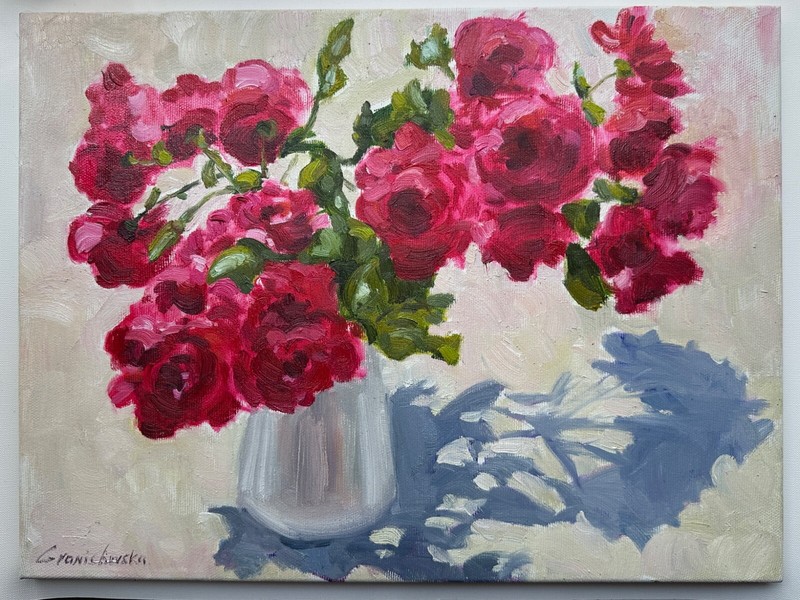 Original art still life oil painting on canvas «Pink roses» 11,8*15,7