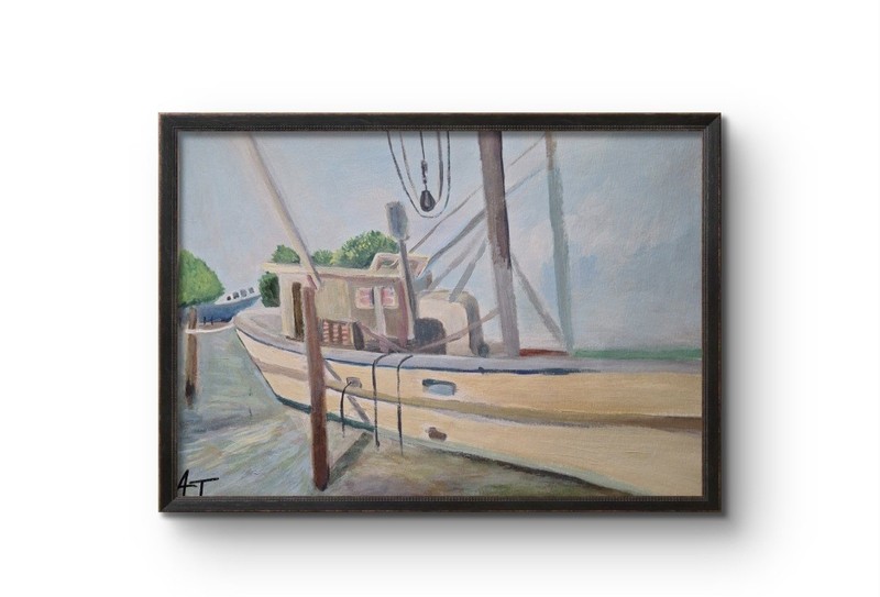 Original Contemporary 9×12 Fishing Boat Vessel Blue Teal Signed Home Decor