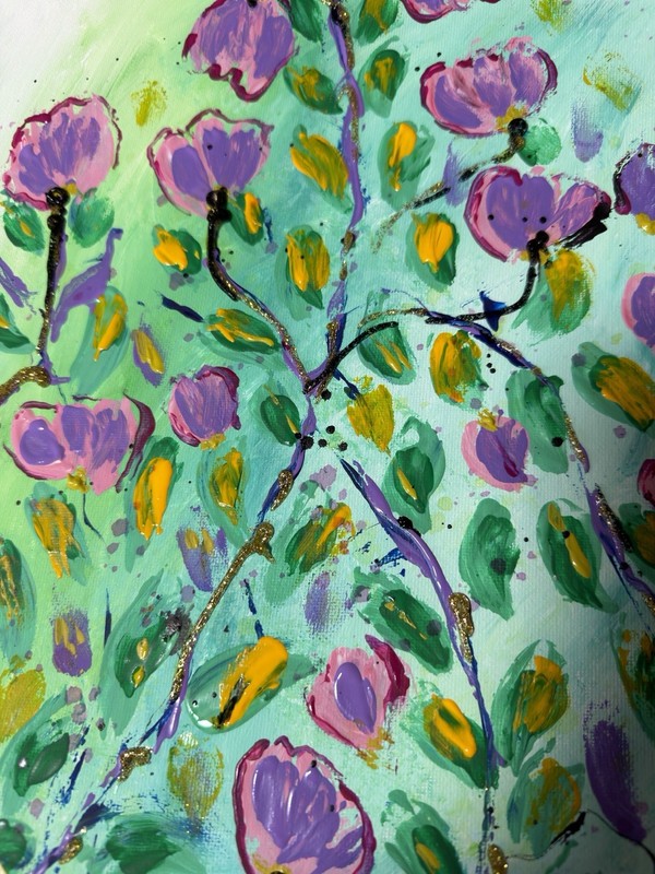Original Abstract Floral Purple Flowers Painting on Canvas - Signed Framed gallery