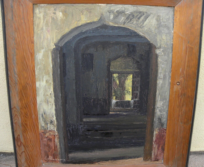 Mexican Spanish Colonial style art 1957 signed painting doorway & interior gallery