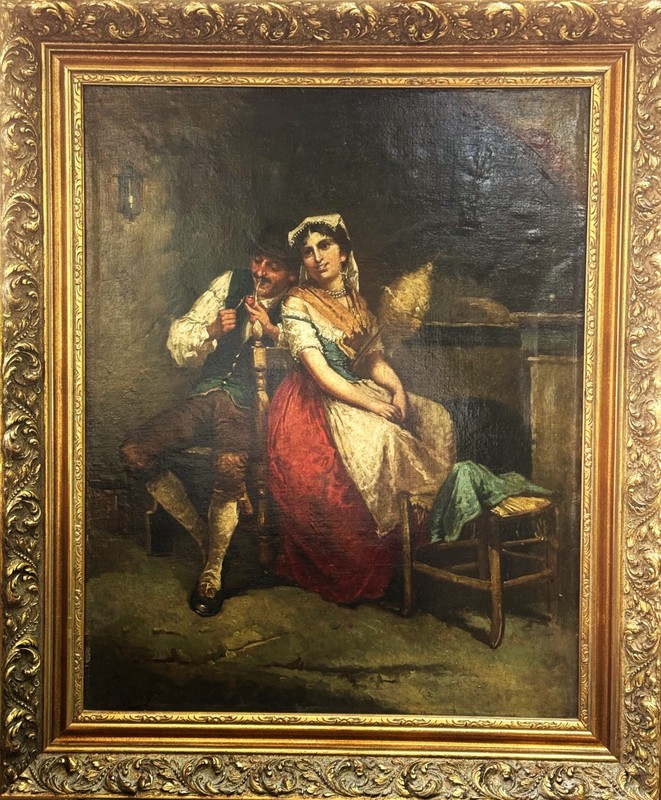Francesco Peluso (Italian), ANTQ 19th C O/C «Spinner & Her Sweetheart», Signed!