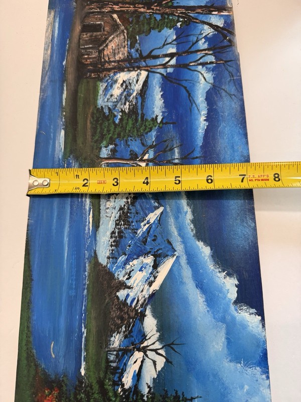 Vtg Folk Art Rustic Slab Board Mountain Lake Scene Hunting Cabin Bark Tree 7x22” gallery