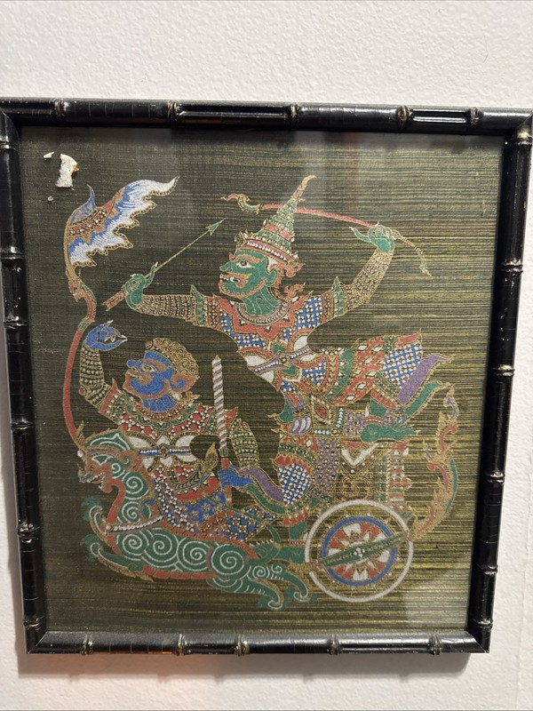 Fine Vintage Thai Silk Fabric Painting Warrior Chariot Dragon Asian Art Thailand