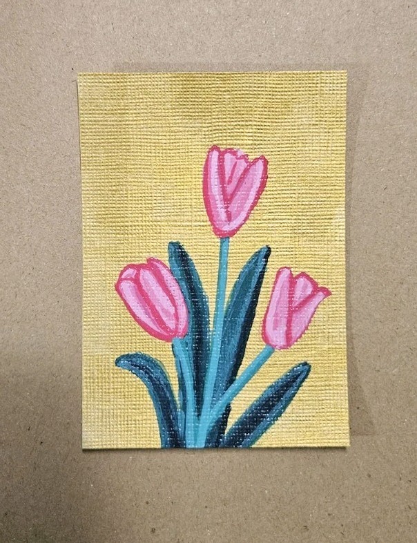 ACEO Pink Tulips on Gold Mini Original Painting Spring Flowers Artwork Signed