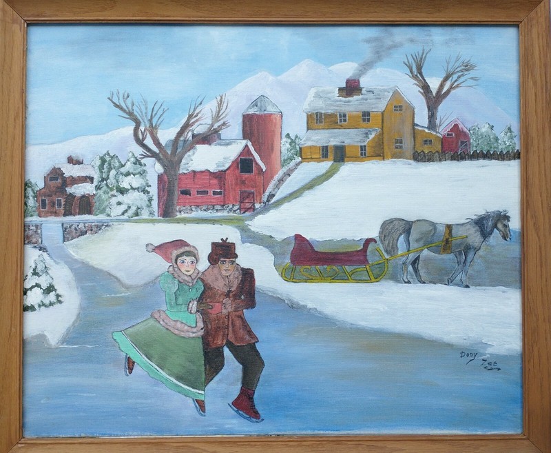 Folk Art Painting of Ice Skaters
