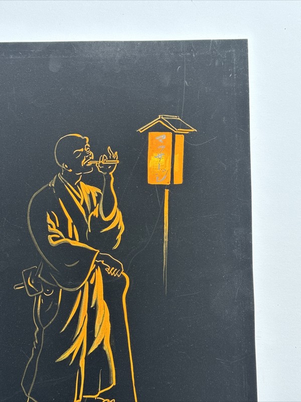 VINTAGE ANTIQUE JAPANESE PAINTING PORTRAIT NIGHT MAN SMOKING LANTERN MYSTERY ART gallery