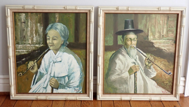 Mid Century Bakjo Kim South Korea Artist Oil on Canvas Painting Elder Man Woman