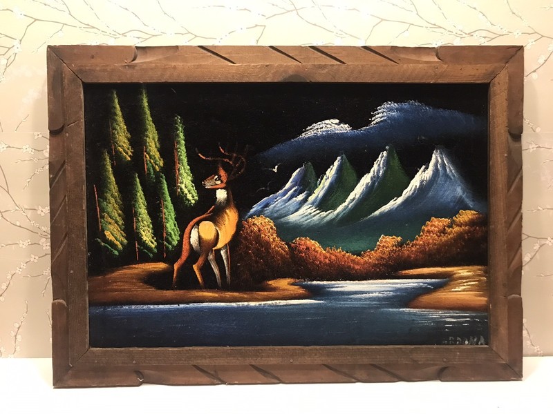 Vintage Wood Frame Black Velvet Painting Deer Mountain Scene