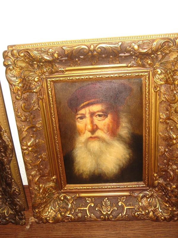 Antique oil painting, { Johannes Theuns, 1877- 1961, The Merchant - Rembrandt }.