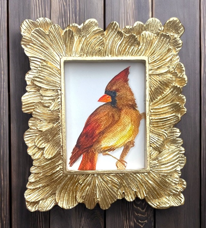 Female Cardinal bird mini watercolor print in gold vintage style ornate frame