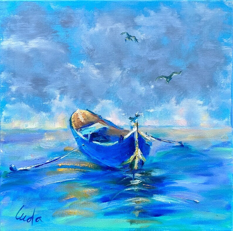 Impasto Seascape Boat on Water Ocean Sailboat Oil Painting on Canvas 14×14 inch