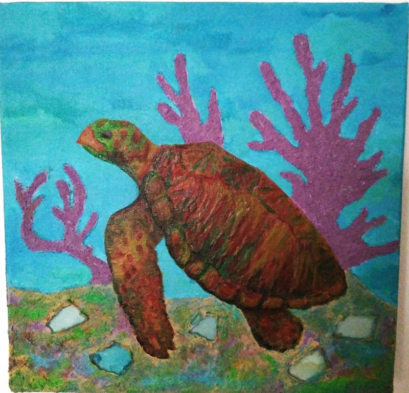 Painting Coastal, Sea Turtle with Sand and Sea Glass on Canvas