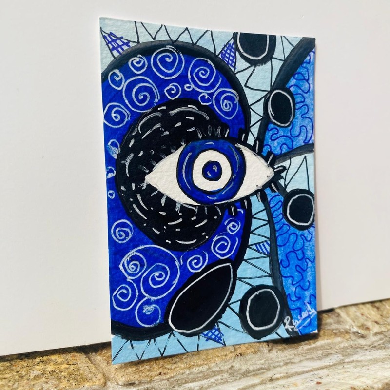 Original ACEO Abstract Blue Evil Eye Art Modern Symbolic Hand Painted Card OOAK gallery
