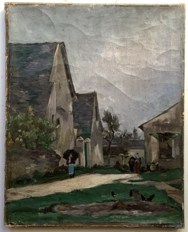 19th Century – Barbizon Oil Canvas Painting – Lively Landscape in Village
