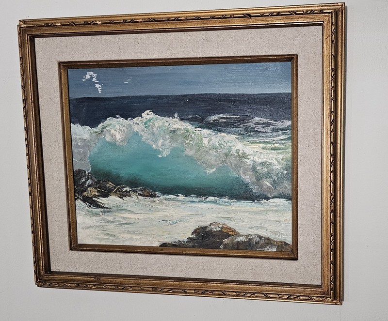 Vintage Original Oil Painting Framed 24×28 Ocean Wave Rocks Seascape Helen LeMay