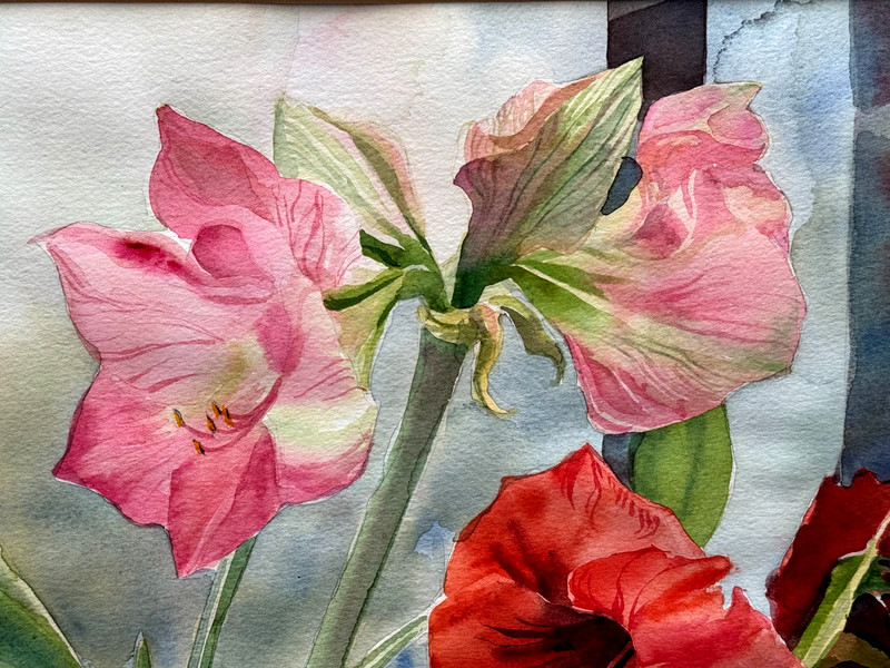 HEINZEN SIGNED ORIGINAL WATERCOLOR PAINTING RED HIBISCUS FLOWERS 2 FLORAL POTS gallery