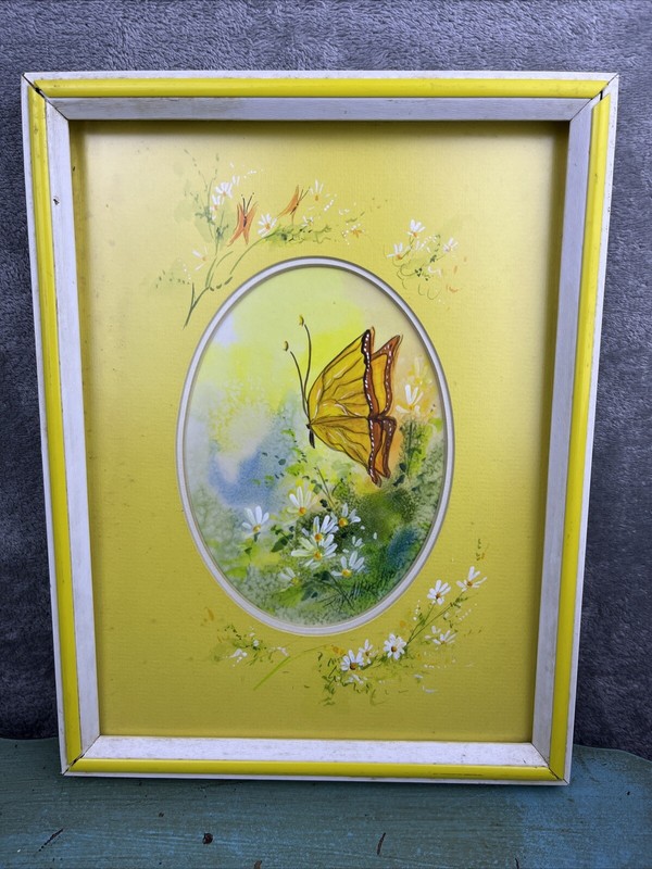JOY ALLDREDGE ORIGINAL WATERCOLOR PAINTING Flowers BUTTERFLY FRAMED 1970’s
