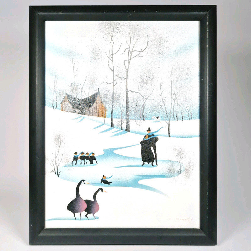 P Buckley Moss Style Painting on Canvas Ice Skating Winter Scene Rural Airbrush