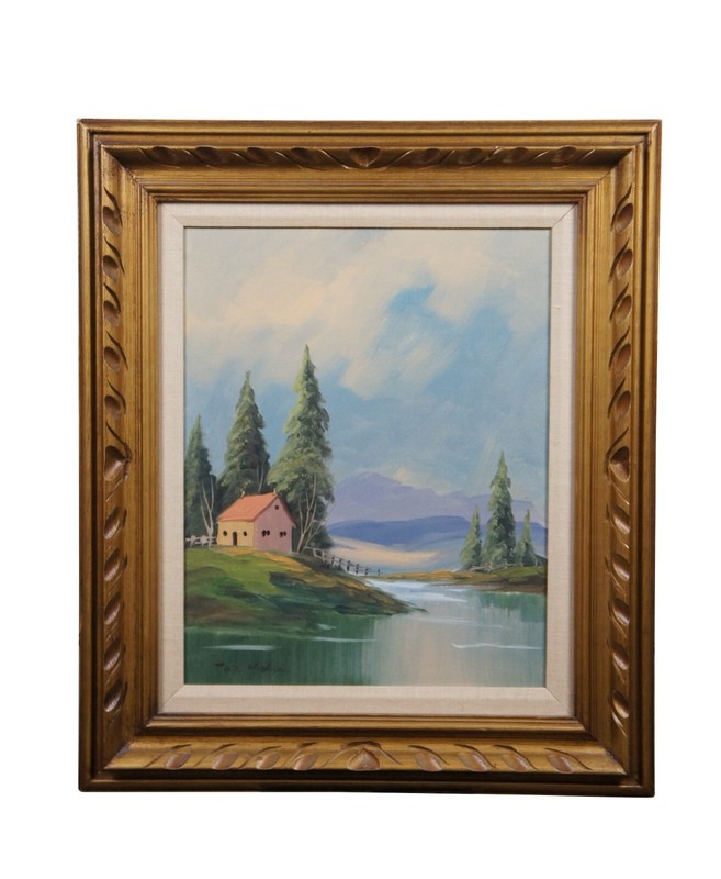 Vintage Country Cottage Lake Landscape Oil Painting on Canvas 29″