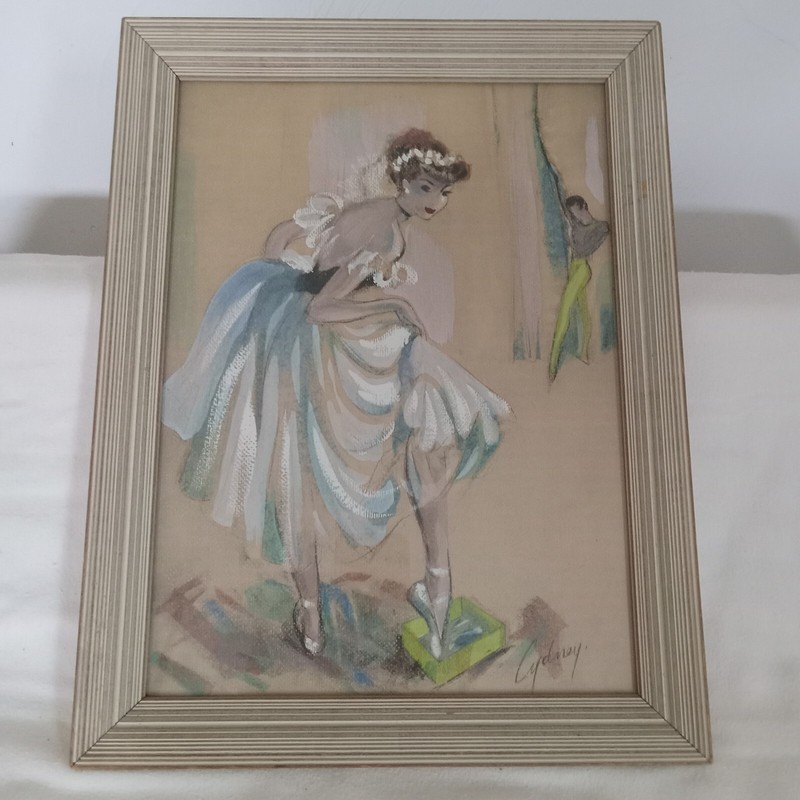 Vintage MCM Cydney Grossman Original Chalk Paintings Signed Ballerina (2) Framed