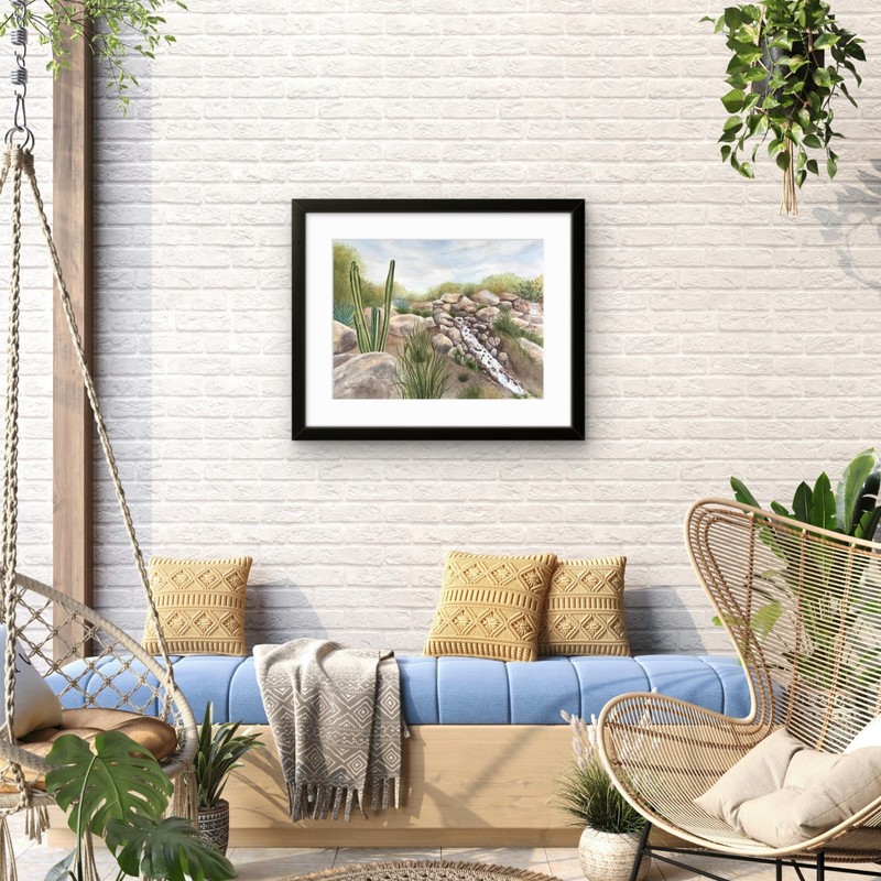 Original Watercolor Painting Landscape Waterfall 12 x 16 Framed Desert Cacti Art gallery