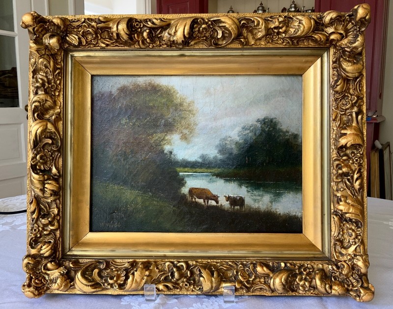 19th Century English Oil Painting Cows by Lake Landscape Signed W.Webb gallery