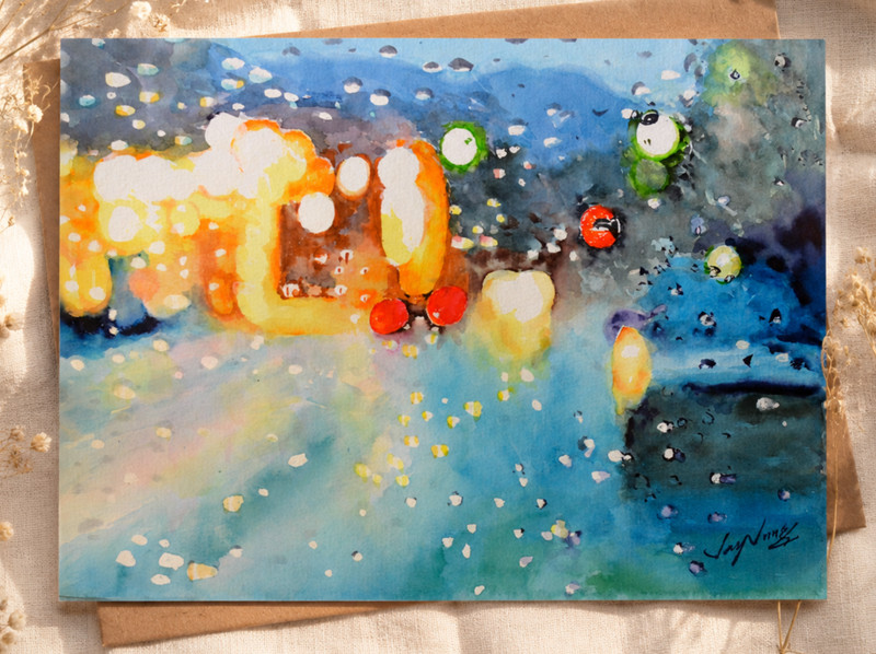 Jay Jack Jung (b.1955) Original Rainy Cityscape Watercolor Painting, Signed OOAK