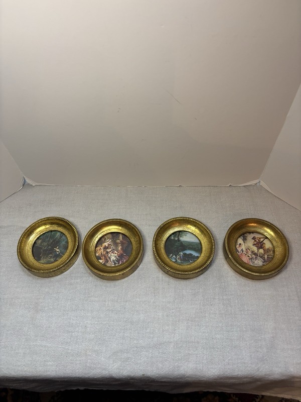 Set of 4 Vtg Gold Giltwood Round Mini Framed Empire Wall Art Hand Made In Italy