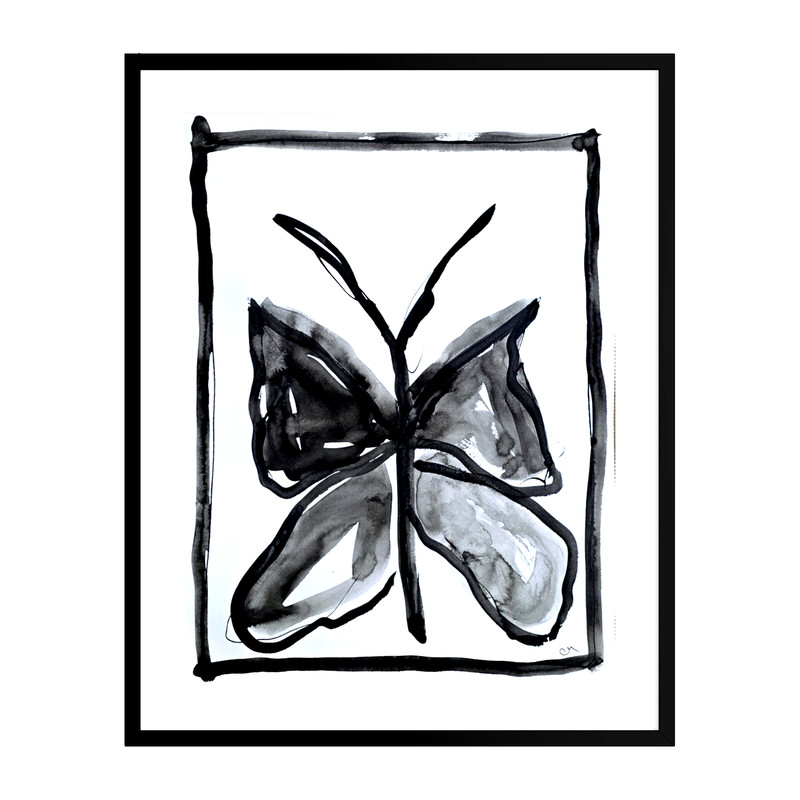 Original Minimalist 9×12 Acrylic Butterfly Painting Black White Paper Signed Art