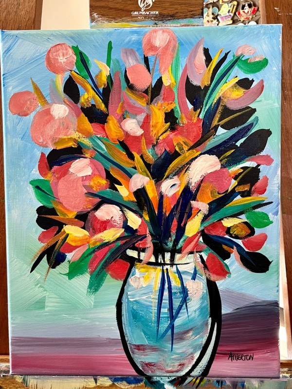Original 11x14 Abstract Floral Vase Painting Acrylic Colorful Modern Flower Art gallery