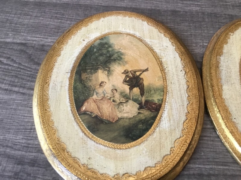 Two 7"x9" Vintage Oval Solid Wood Paintings with Gold Trim, Italy gallery