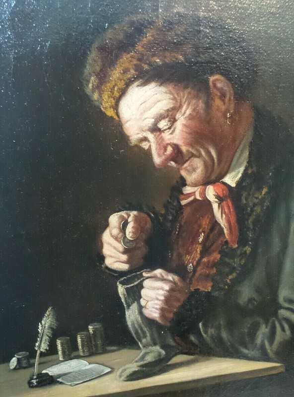 Antique 1886 German MAX KAUFMANN Oil on Canvas Painting Money Counting Merchant gallery